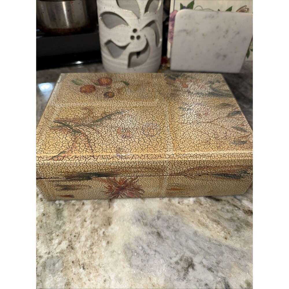 Vintage Maitland Smith Wood Jewelry Floral Box Trinket Brass Marker HTF Rare